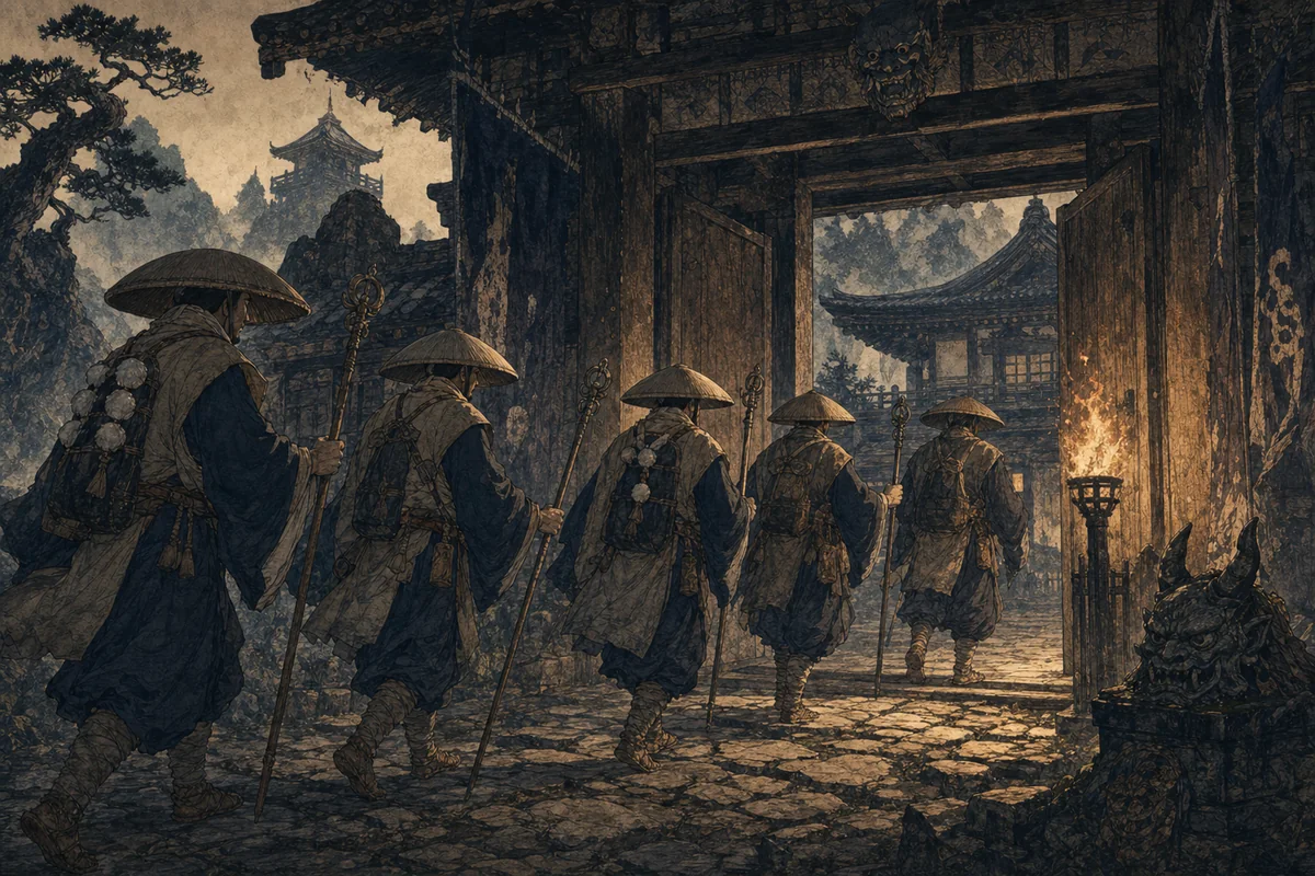 山伏に身を変えた五人の武者が鬼の館の門へ入る場面