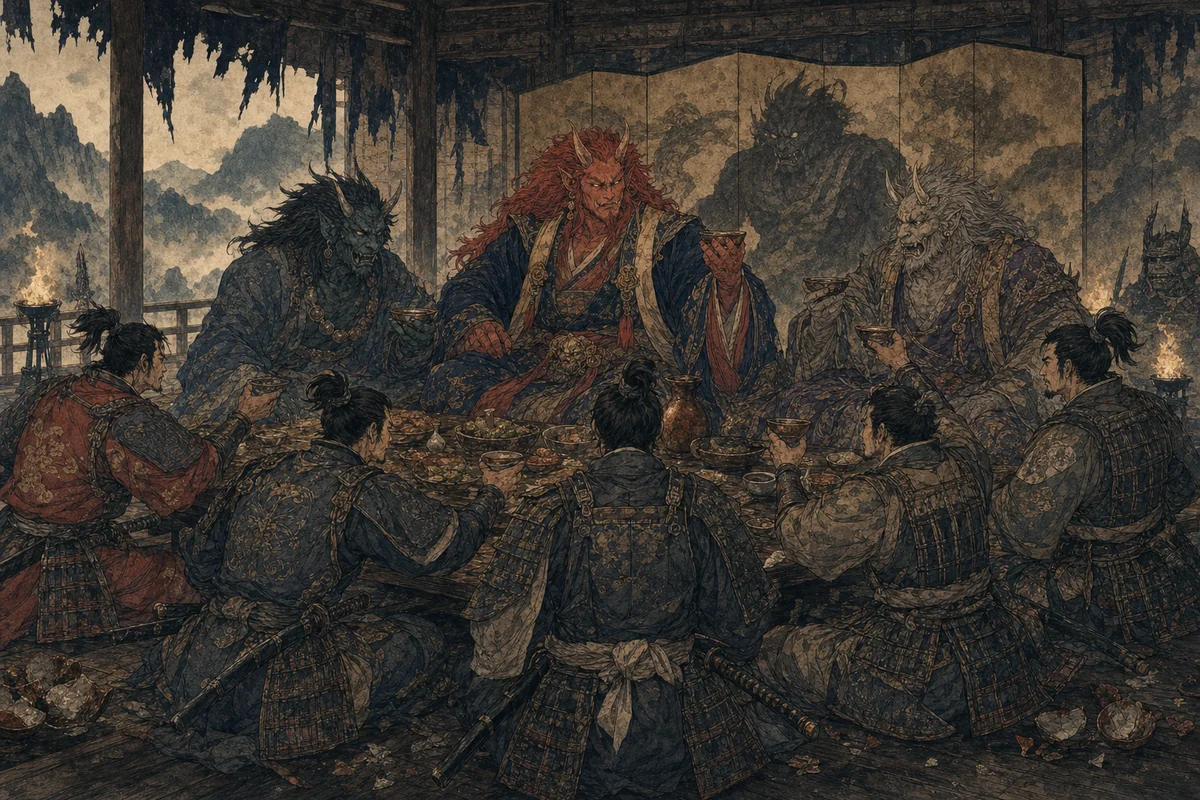五人の武者が三体の鬼と同じ卓を囲む酒呑童子の宴の場面