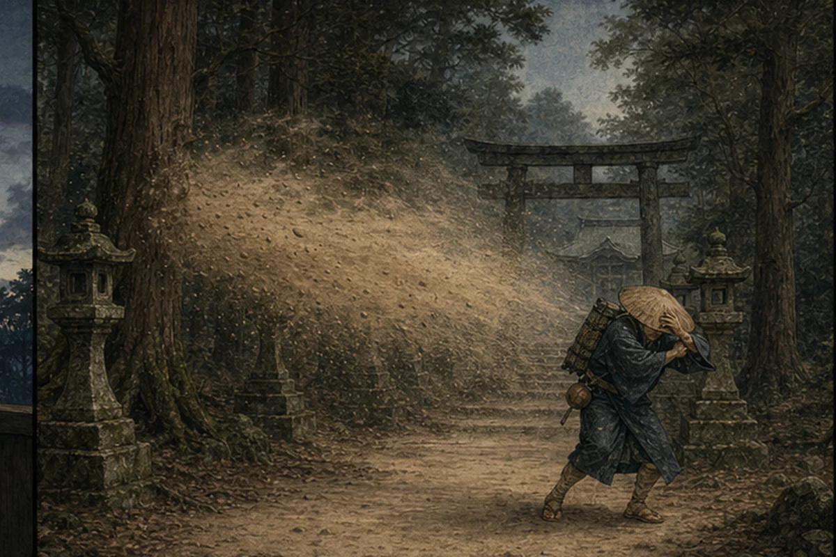 奈良の社叢で、姿のない木陰から大量の砂が旅人へ横殴りに飛ぶ