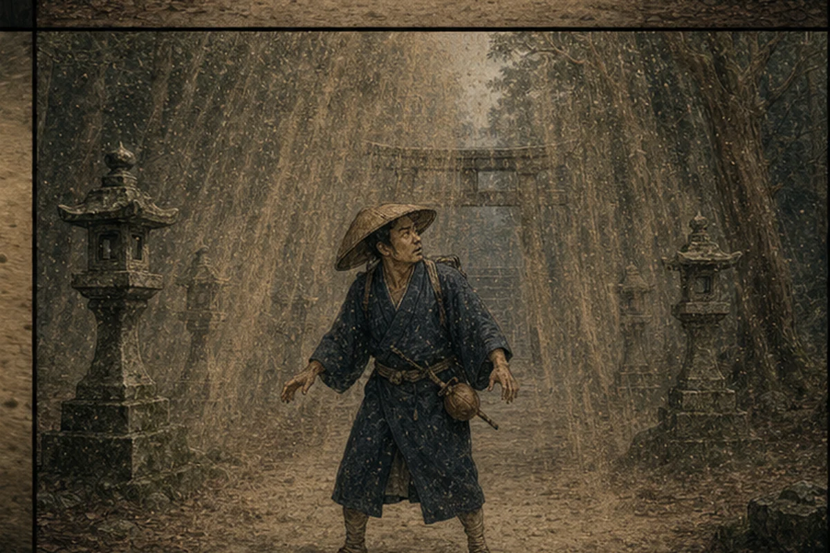 空の参道で木々の間から砂だけが降り続け、旅人が周囲を見回す