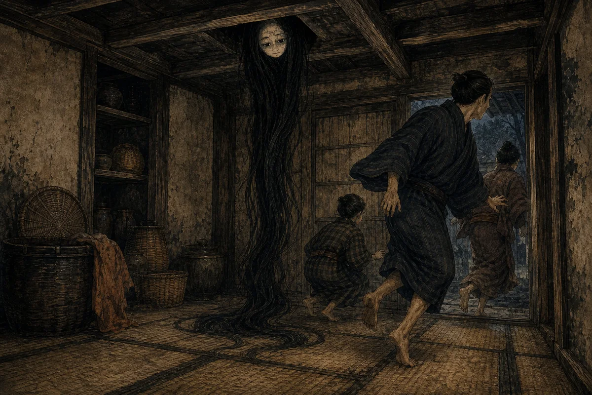 住人が戸口へ逃れる中、天井下の髪だけが畳へ届く場面