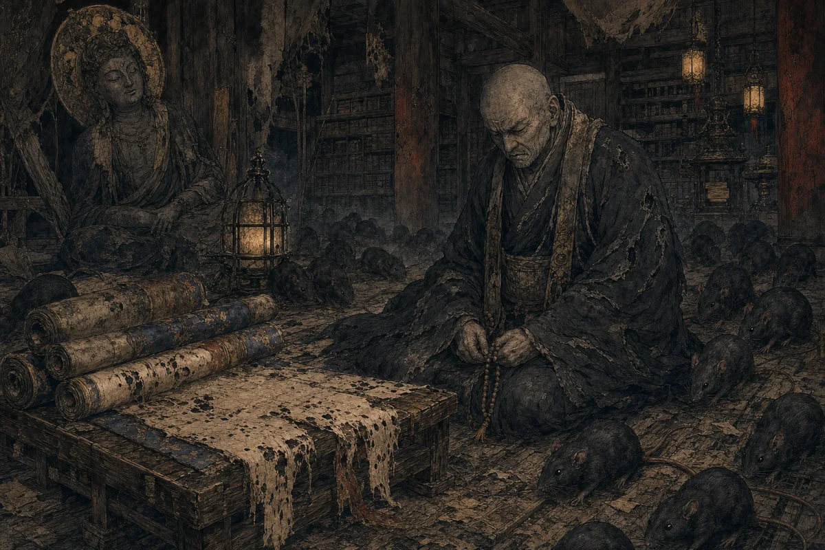 寺院の争いに敗れた僧が経巻の前で恨みを残し、暗い堂内に鼠が集まる場面