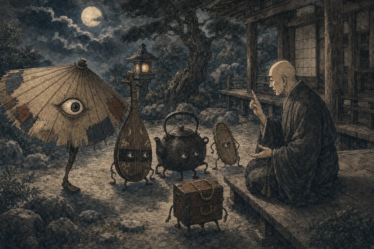 寺の庭で僧が傘、琵琶、茶釜、草履、箱の付喪神へ教えを説く場面