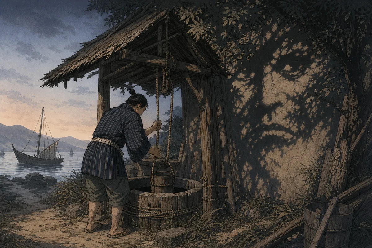 古井戸で釣瓶を下ろす人の背後に、木の影が大きな顔の形を作る場面