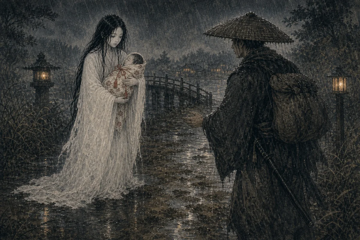 雨の夜道で白衣の女が旅人へ一人の赤子を託す産女の場面