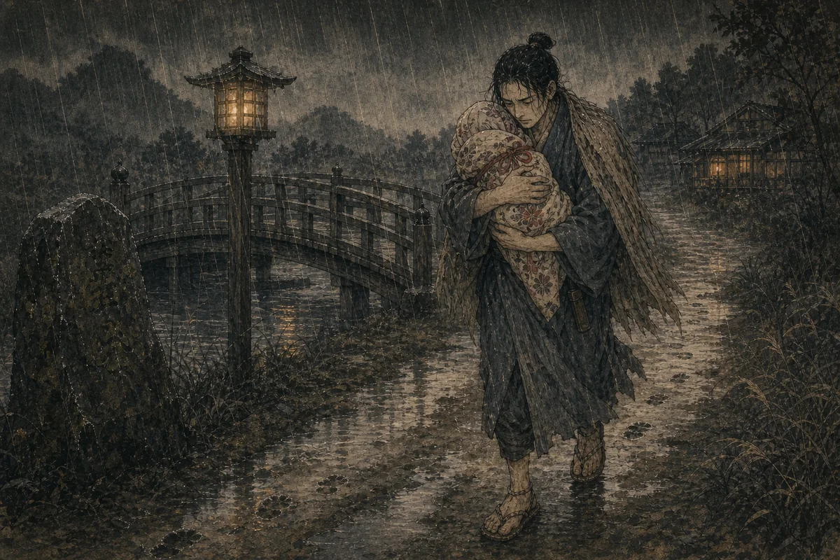 雨の道で旅人が重くなった赤子の包みを抱き続ける場面