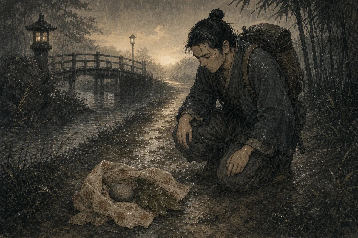 夜明けの道で旅人が包みの中の石と濡れた木の葉を見つける場面