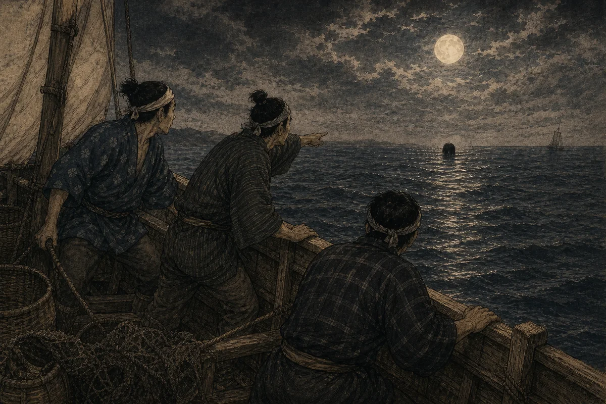 月夜の船上で三人の漁師が水平線の小さな黒い頭を指す場面