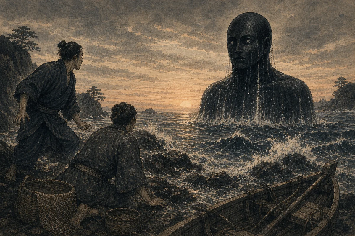 夜明けの磯で二人の漁師が人間ほどの黒い海の異形を見る場面