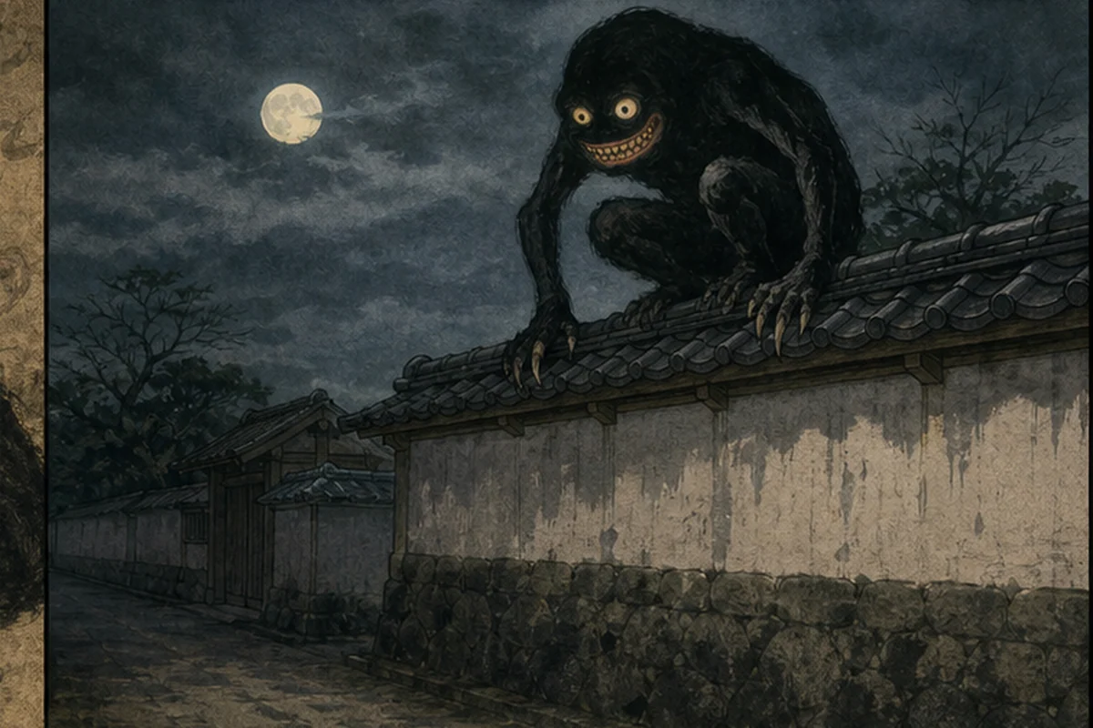 うわんが月夜の屋敷塀の上へしゃがみ、道を見下ろす