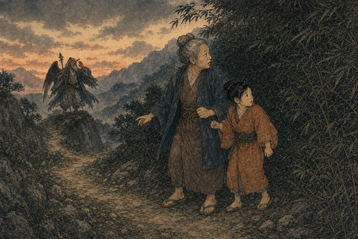夕方の山道で先を歩く二人が、背後から返る呼び声へ振り向く場面
