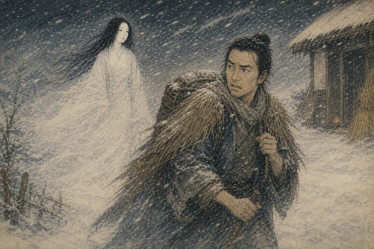吹雪の雪原で旅人の背後に白い女が静かに立つ雪女の場面