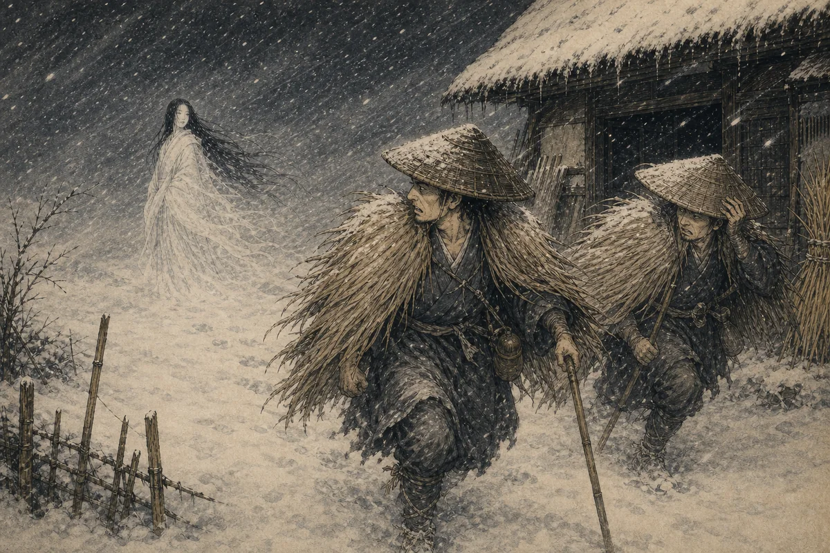 蓑を着た二人の旅人が吹雪の中の白い女から離れようとする場面