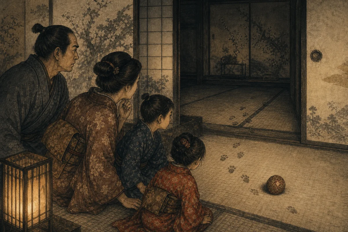 古い座敷で家族が、誰もいない部屋から聞こえる子どもの足音へ耳を澄ます場面
