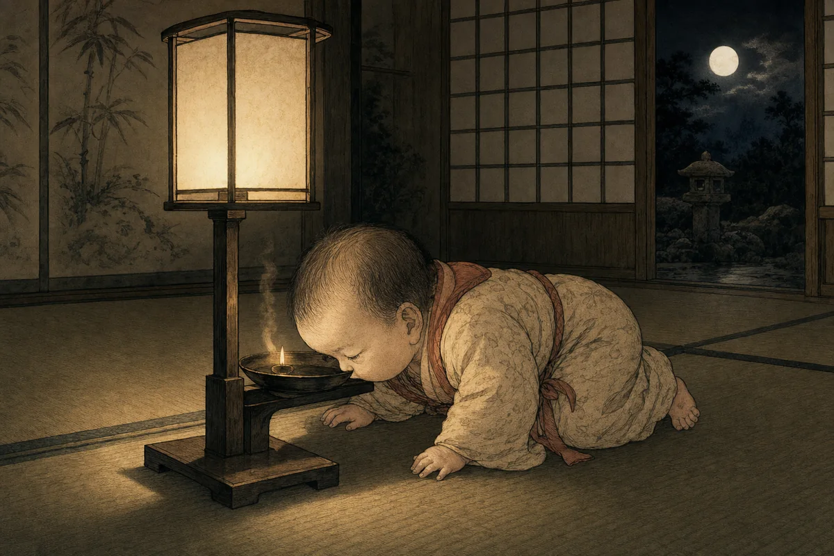 江戸時代の夜の座敷で、赤子の姿をしたものが行灯の油皿へ顔を寄せる場面