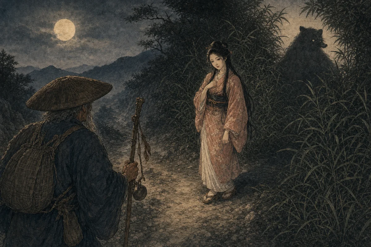 夜の峠道で旅人の前に若い女が立ち、その背後の草に狸の影が落ちる場面