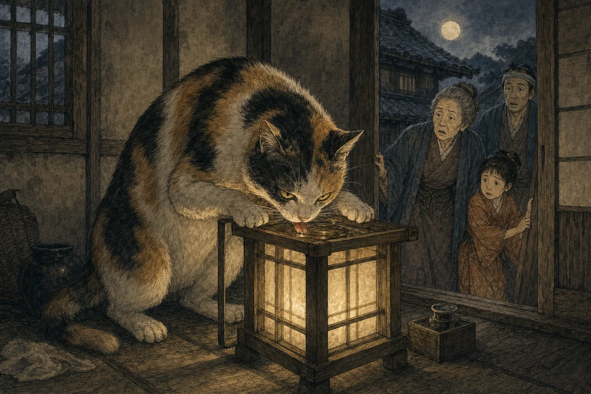 古い町家の行灯へ前脚を掛け、油をなめる大きな三毛猫を家人が戸口から見る場面