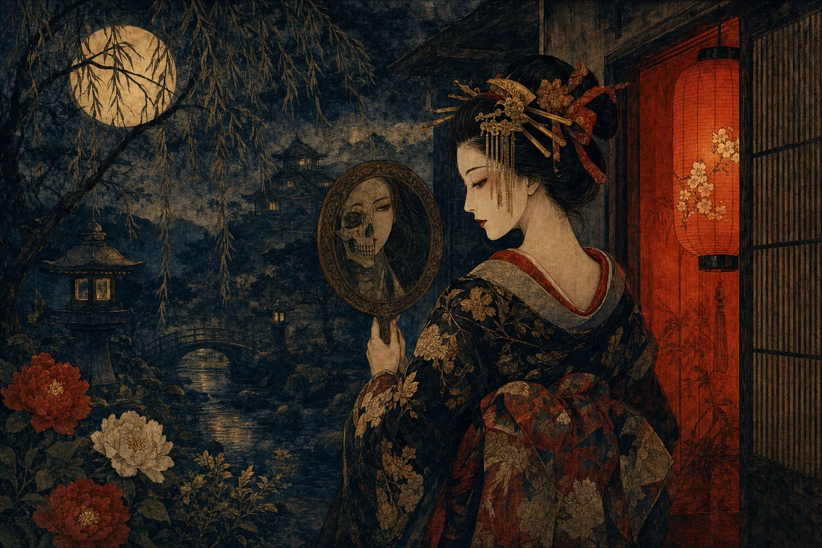 灯籠の夜に半透明の着物から骨がのぞく骨女