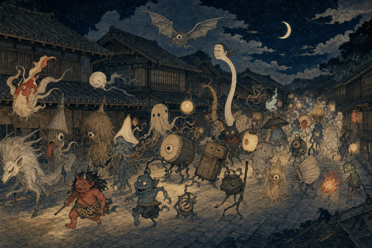 古都の夜を、鬼や器物の妖怪が列をなして進む百鬼夜行