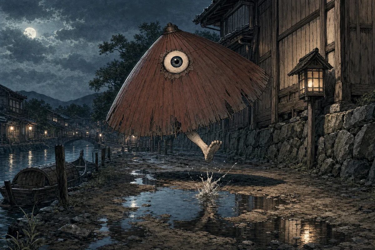 雨上がりの夜道で、一つ目の古い唐傘が一本足で水たまりを跳び越える場面