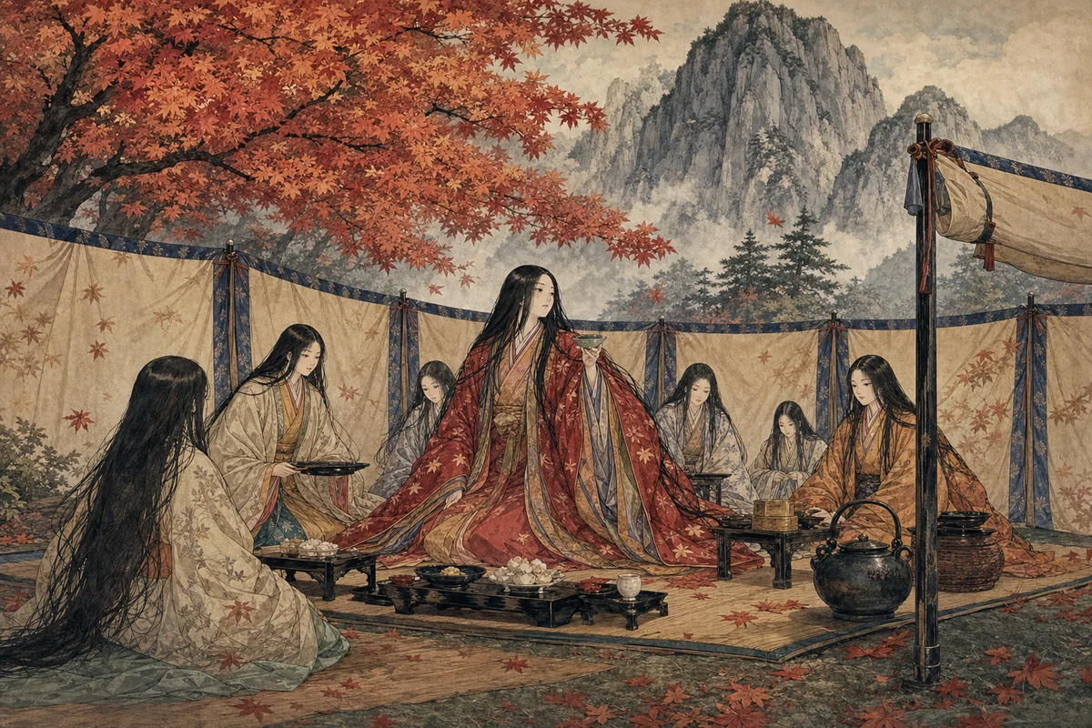 戸隠山の紅葉の下で、高貴な女と侍女たちが幕を張って宴を開く場面