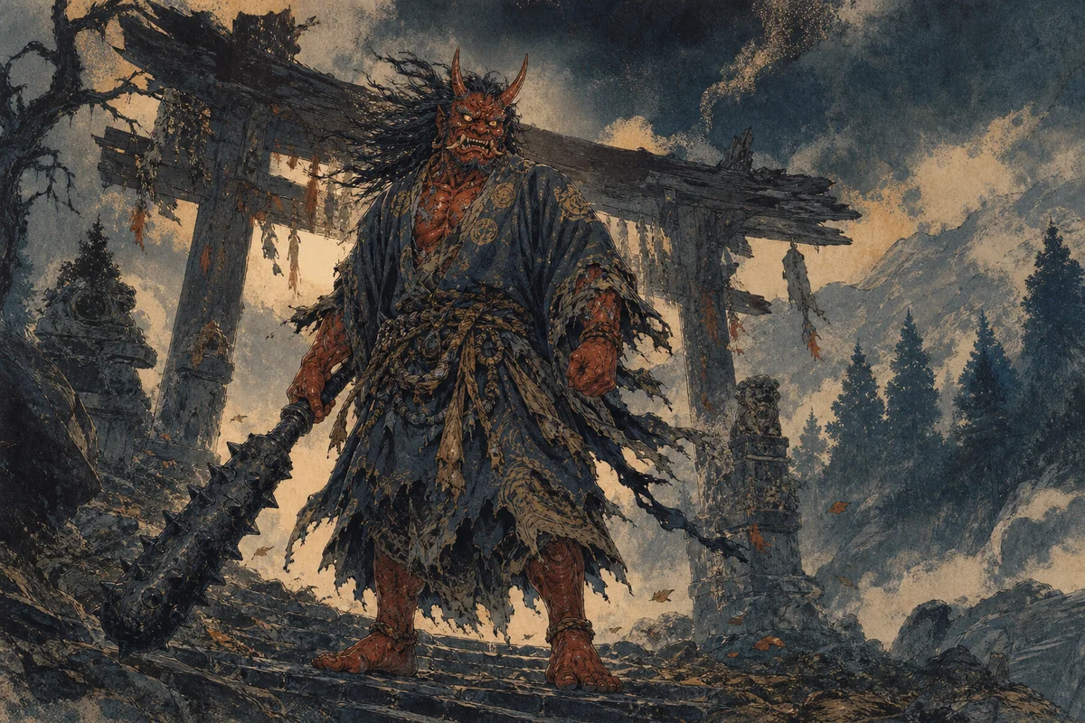 山門の向こうで金棒を持つ赤鬼と青鬼