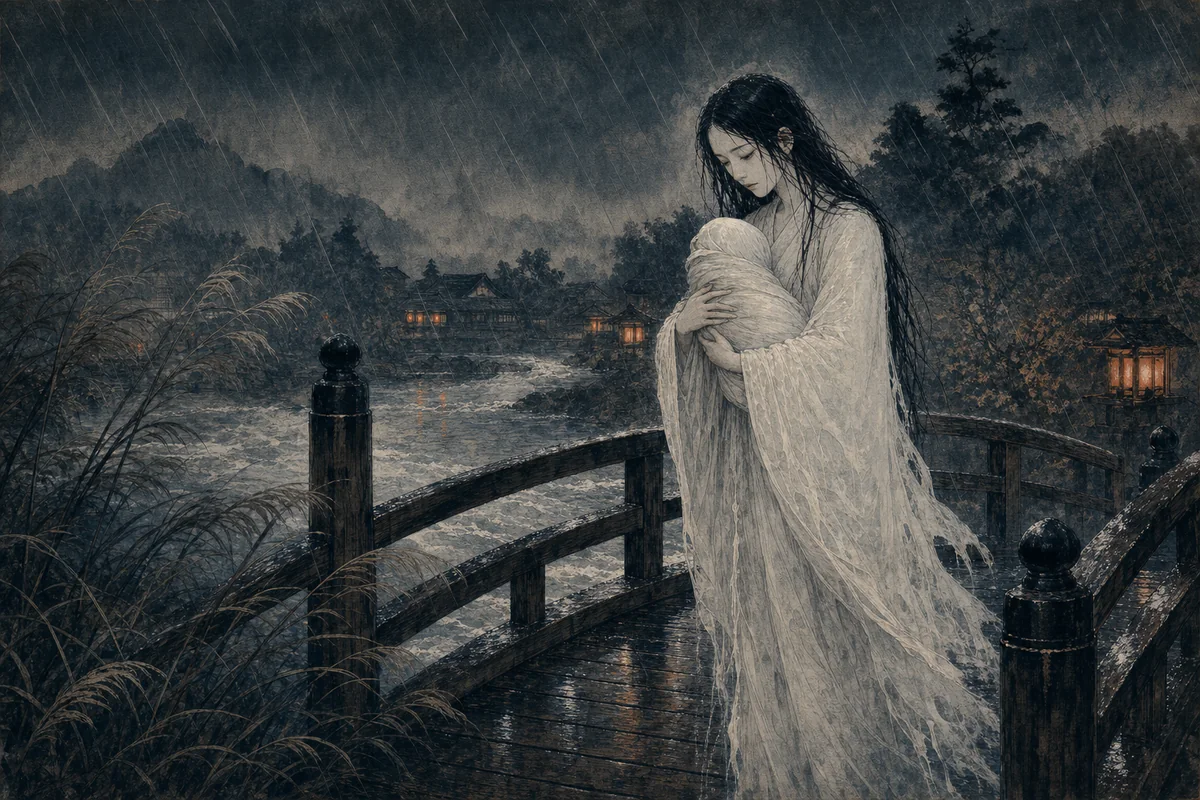 雨の夜道で赤子を抱く、白い衣の産女
