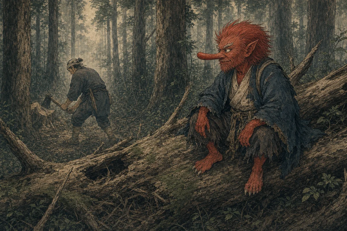 杉林の倒木に赤い毛の小柄な山童が腰を掛け、木こりを見ている場面