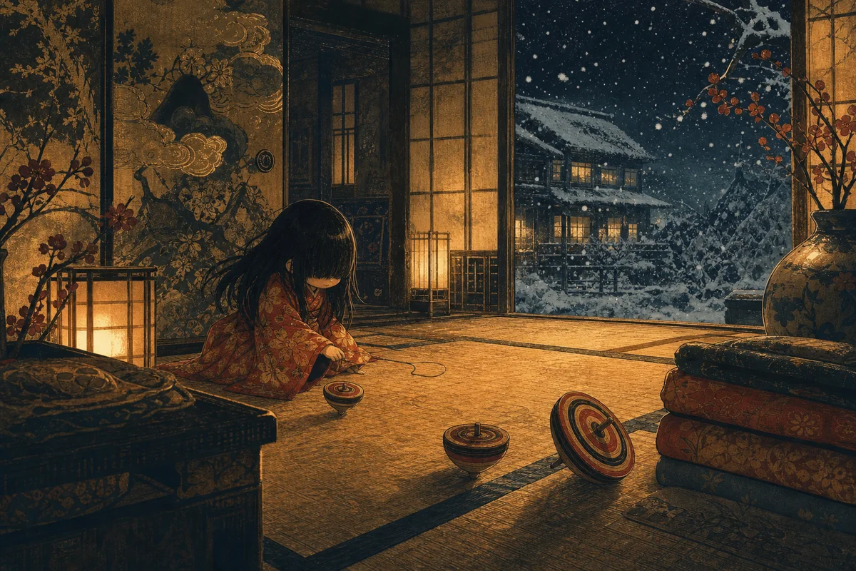 旧家の座敷で赤い着物の子どもの影が毬と遊ぶ座敷童子